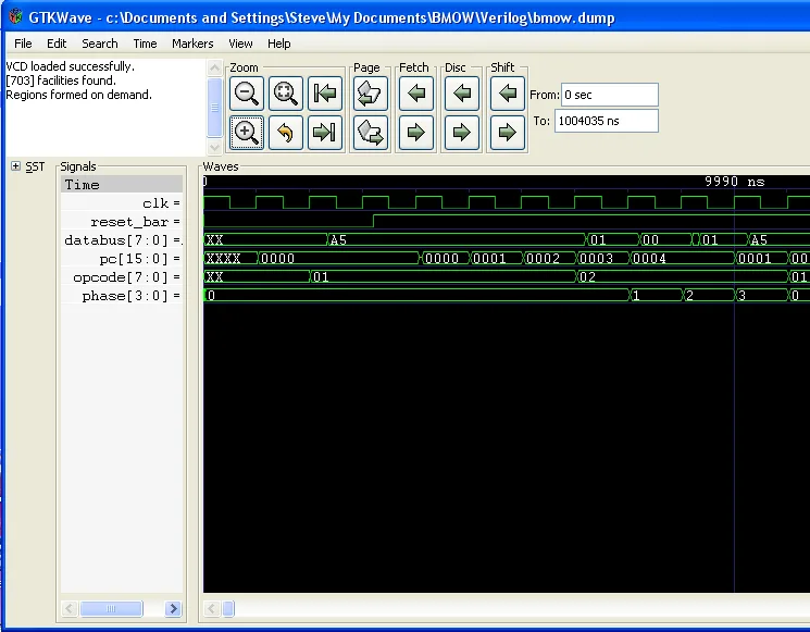 GTKWave simulation trace of the boot sequence