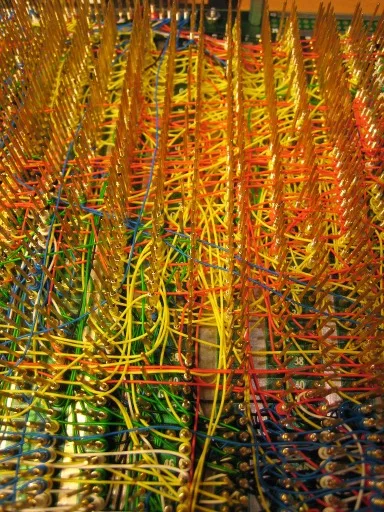 Wire-wrap pins and wires up close