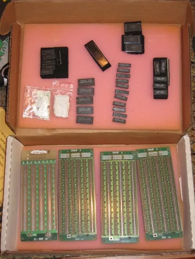 Box of wire-wrap boards and chips from Jim George