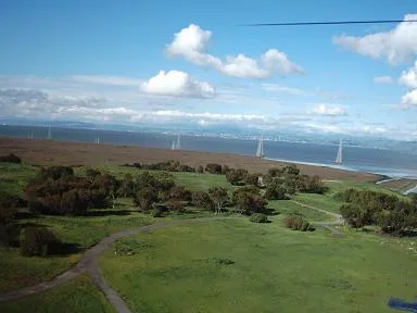 Aerial view of the bay and hills