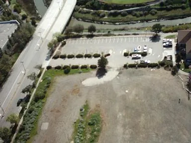 Aerial photo of a parking lot and road