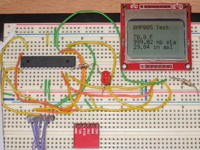 BMP085 pressure and temperature test on a breadboard