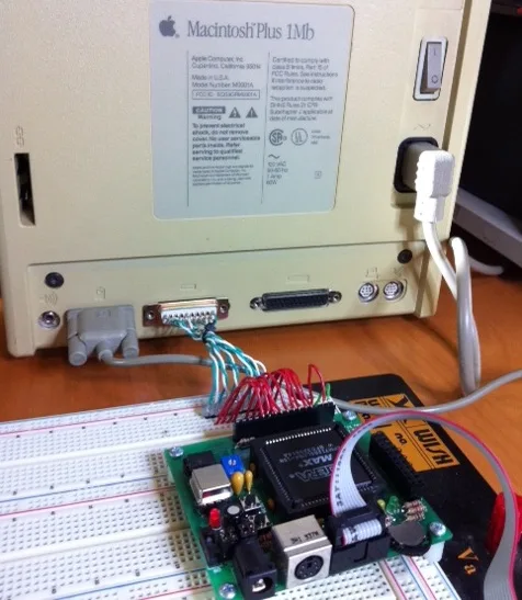 Floppy Emu prototype connected to a Mac Plus