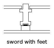 Sword-shaped button extender with feet