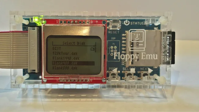 Floppy Emu in a clear acrylic case