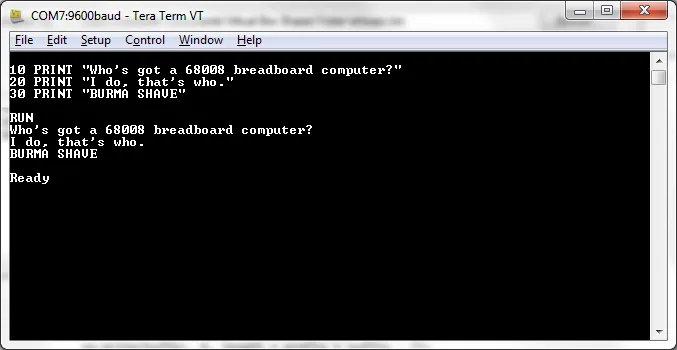BASIC running on the 68K breadboard computer