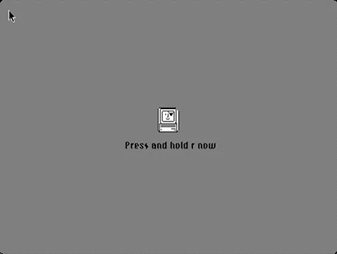 Mac startup screen: "Press and hold r now"