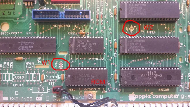 Jumpers W1 and W2 on the IIc logic board