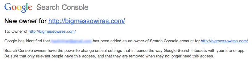 Google Search Console new owner alert