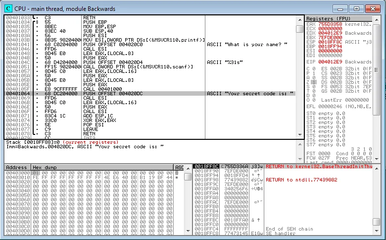 OllyDbg at the secret code check
