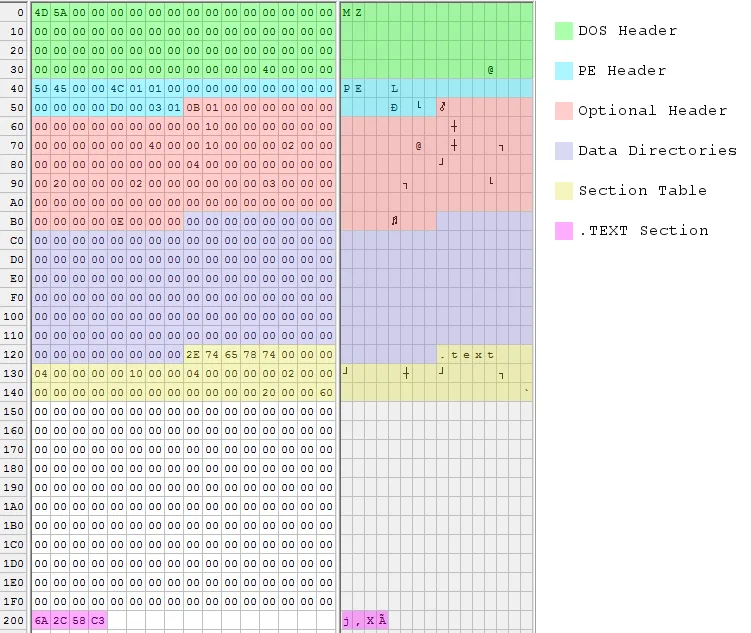 Color-coded hex dump of the executable