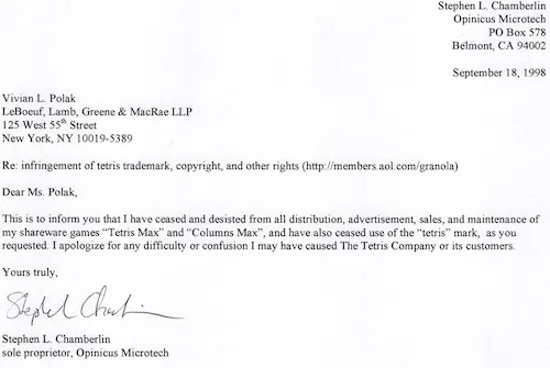 Tetris cease-and-desist reply letter
