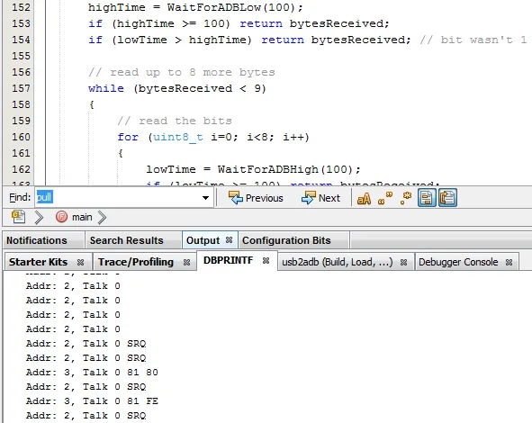 ADB sniffer code and output