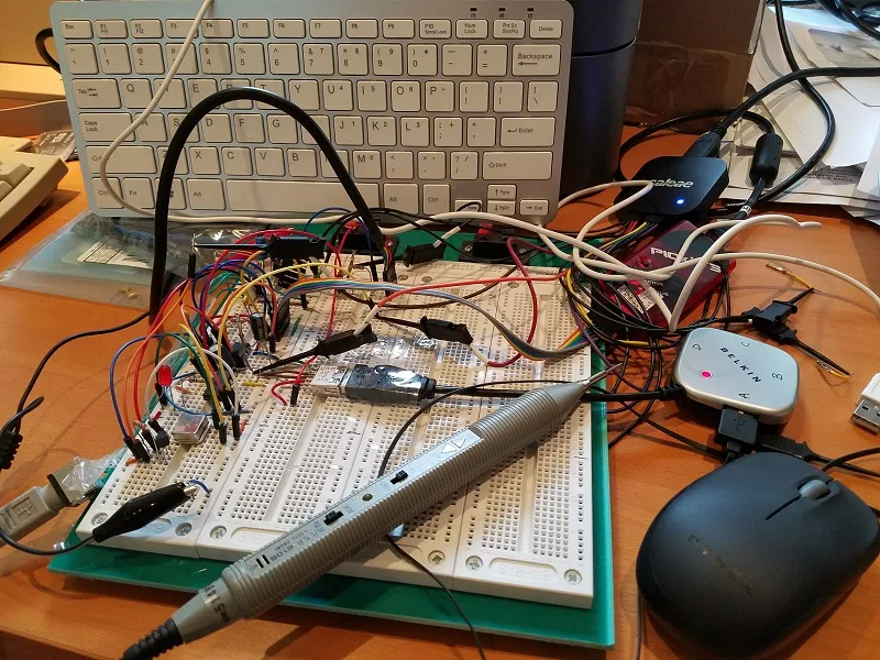 Retro USB prototype on a messy desk