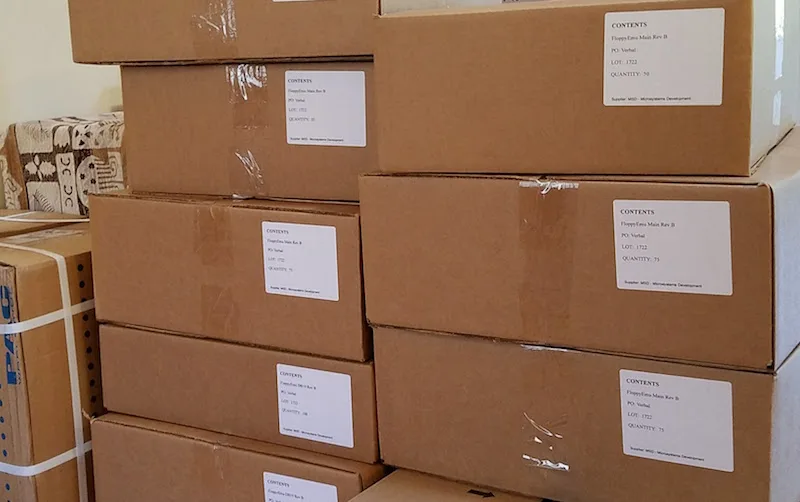 Boxes of new Floppy Emu hardware