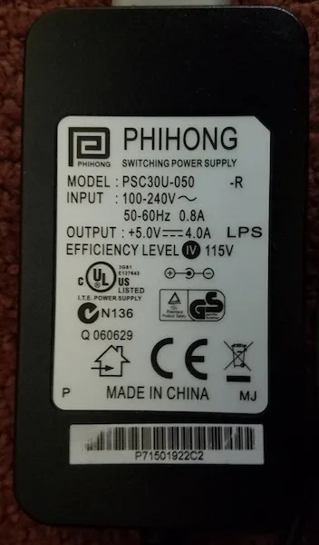 Phihong 5V power supply label