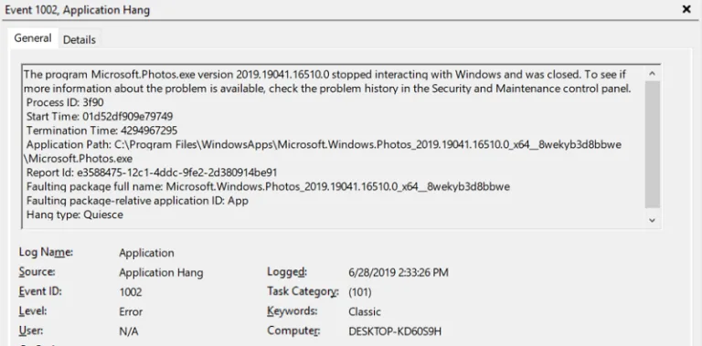 Event Viewer: application hang