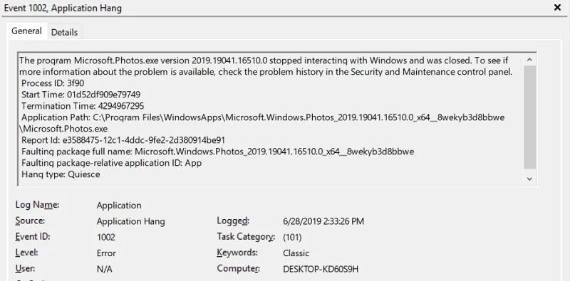 Event Viewer: application hang