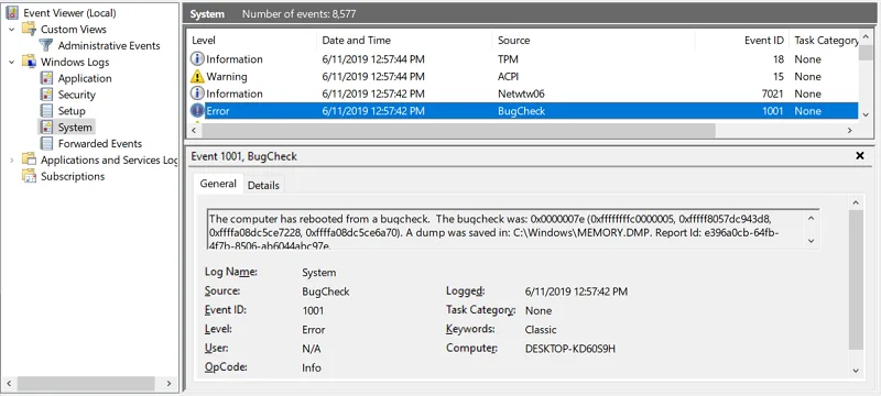 Event Viewer: bugcheck