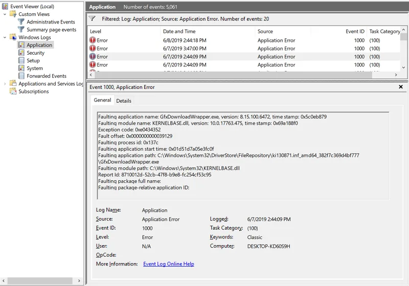 Event Viewer: application error