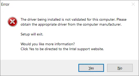 Intel driver error: "not validated for this computer"