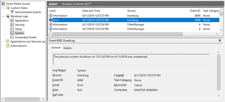 Event Viewer: unexpected shutdown