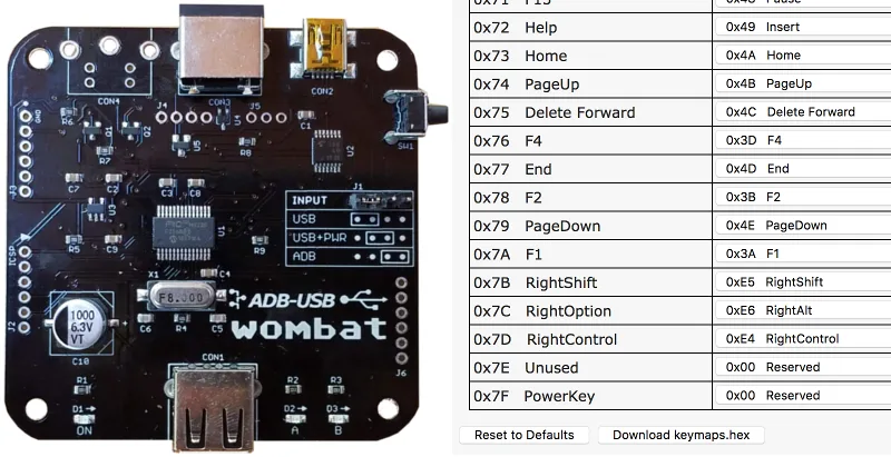 Wombat board and keymap table