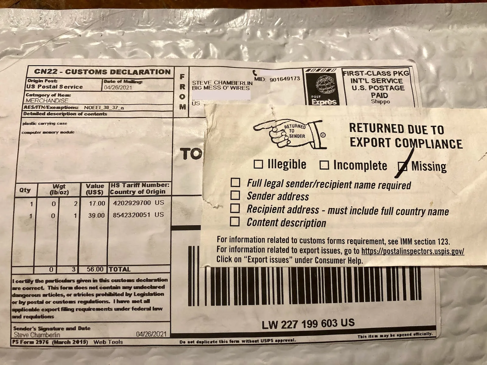 Package returned for export compliance
