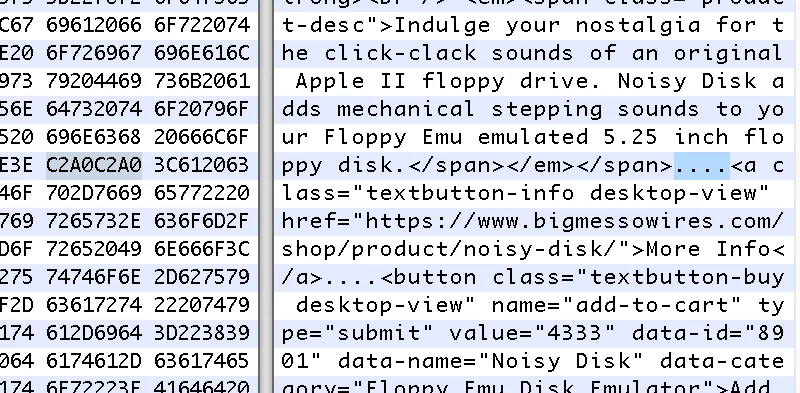 Hex dump showing a non-breaking space