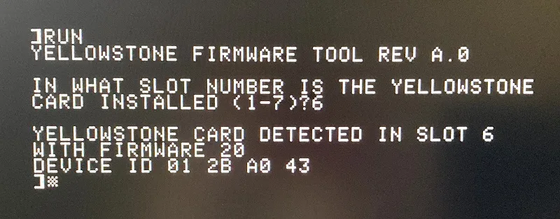 Yellowstone firmware tool on the Apple II screen