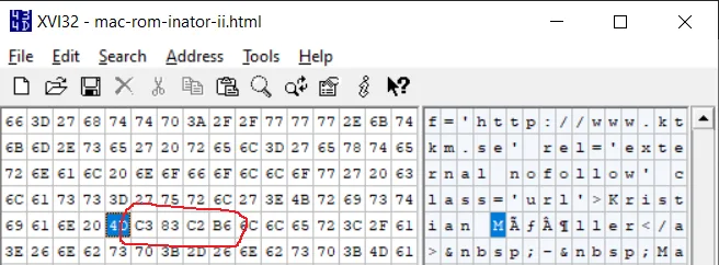 Hex editor showing UTF-8 bytes