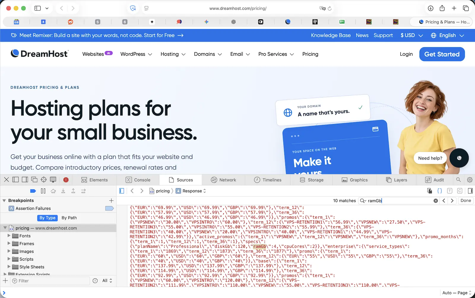 DreamHost pricing page source code